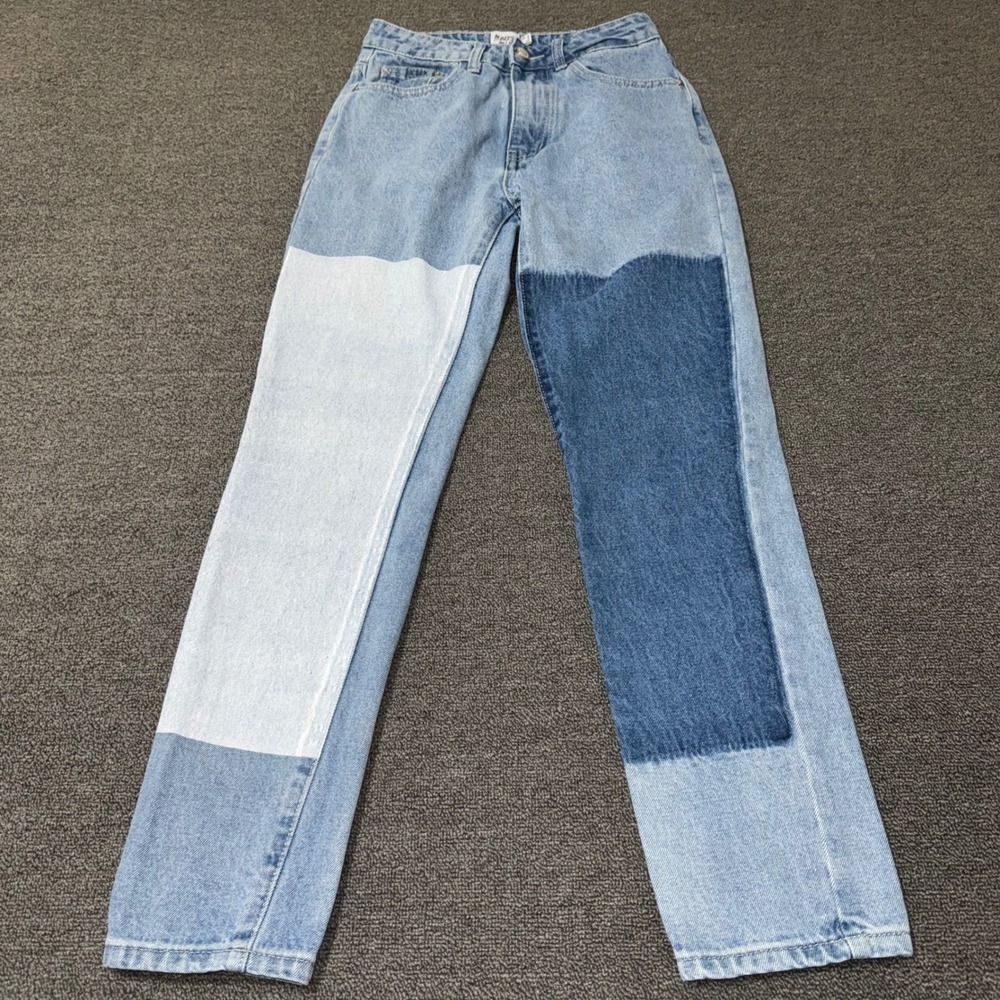 Princess Polly Colorblock Patchwork Straight Leg Jeans Light Wash Blue US 2